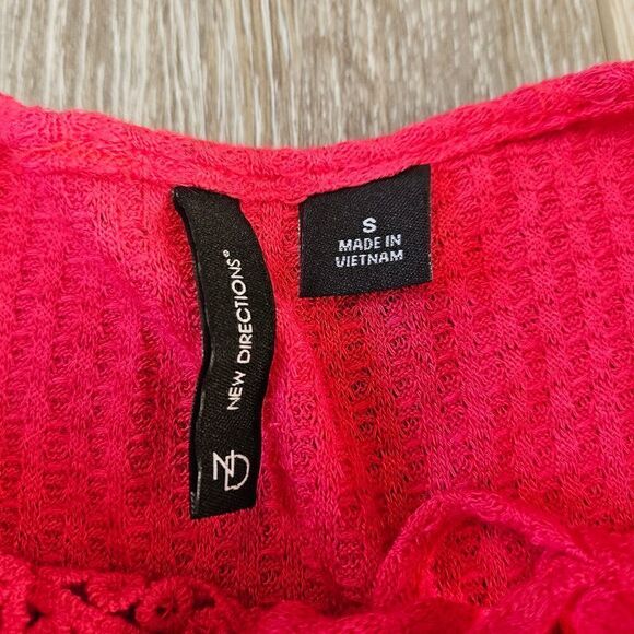 New Directions Red Bell Sleeve Waffle Knit Blouse Crochet Eyelet Women's Small - Picture 7 of 9